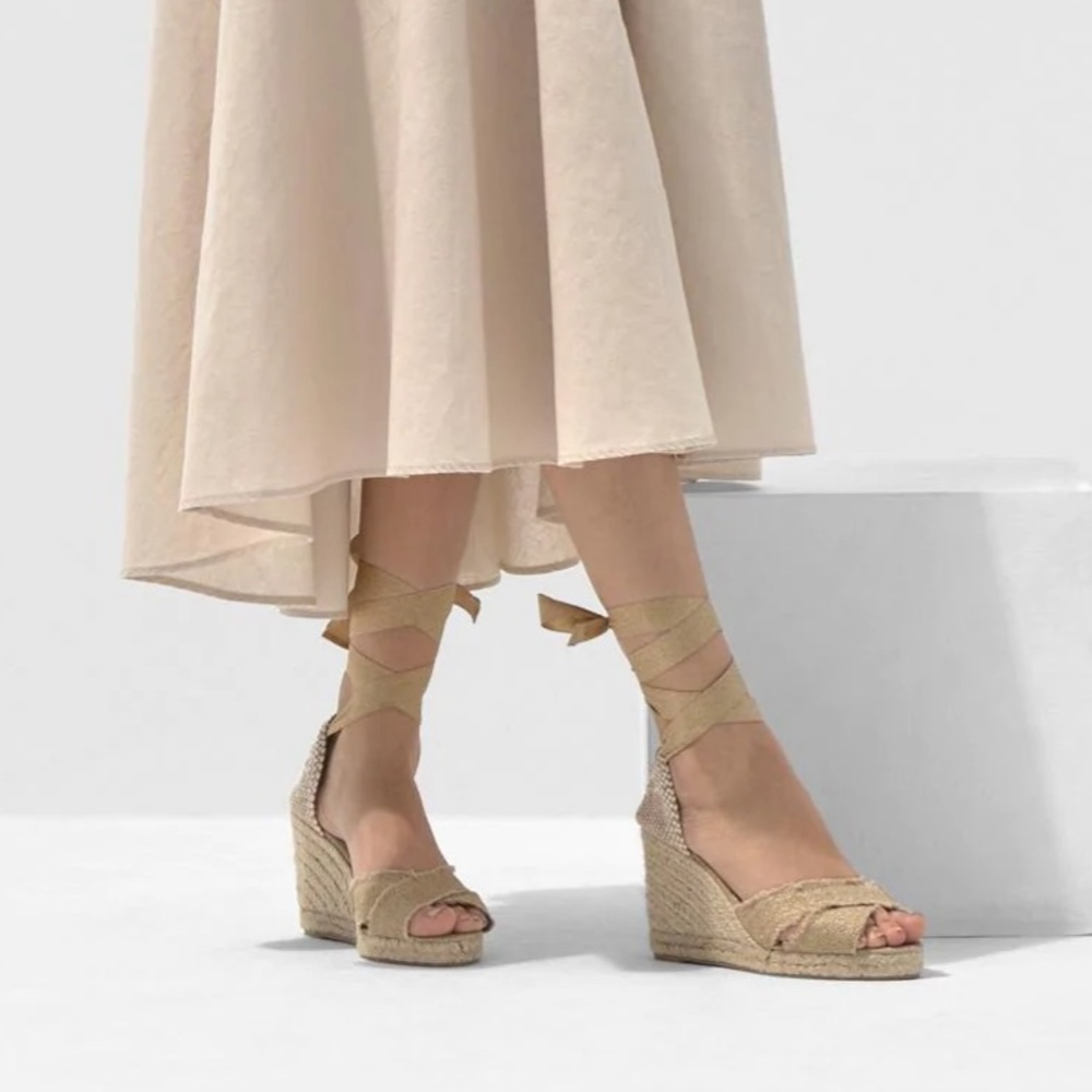Castaner Beige Espadrille Wedge Sandals with Wrap Ankle Ties